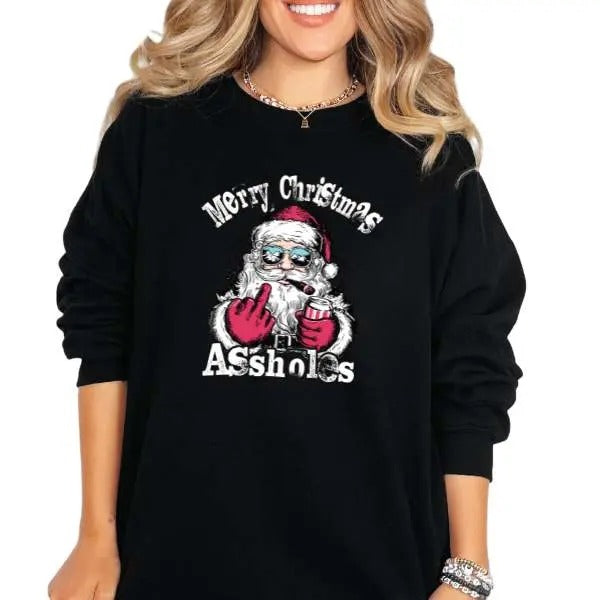Merry Christmas A$holes Tee, Hoodie & Sweatshirt | Santa Claus Flipping Off Graphic | Edgy Holiday Humor | Unisex Fit |...