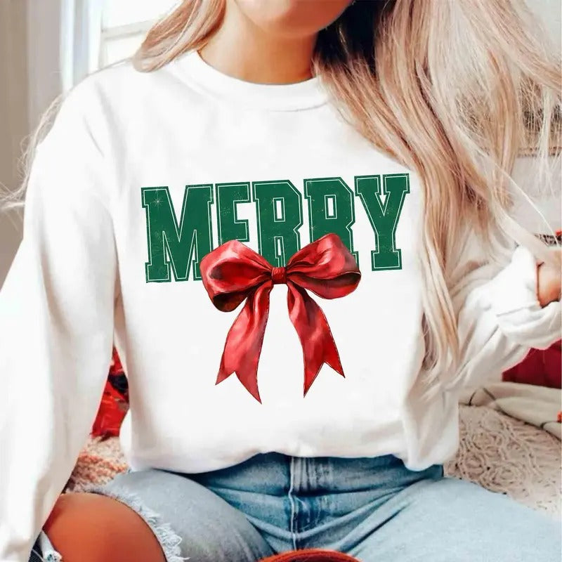 Merry Christmas Shirt, Vintage Christmas ,Coquette Christmas ,X-mas , Coquette Bow , Christmas Girly Hoodie, Sweatshirt