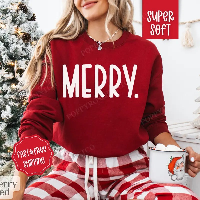 Merry Christmas Sweatshirt, Christmas Sweater, Women's Holiday Crewneckstyle{n002}2 T-Shirts, Hoodie | TeeBloomCo.com