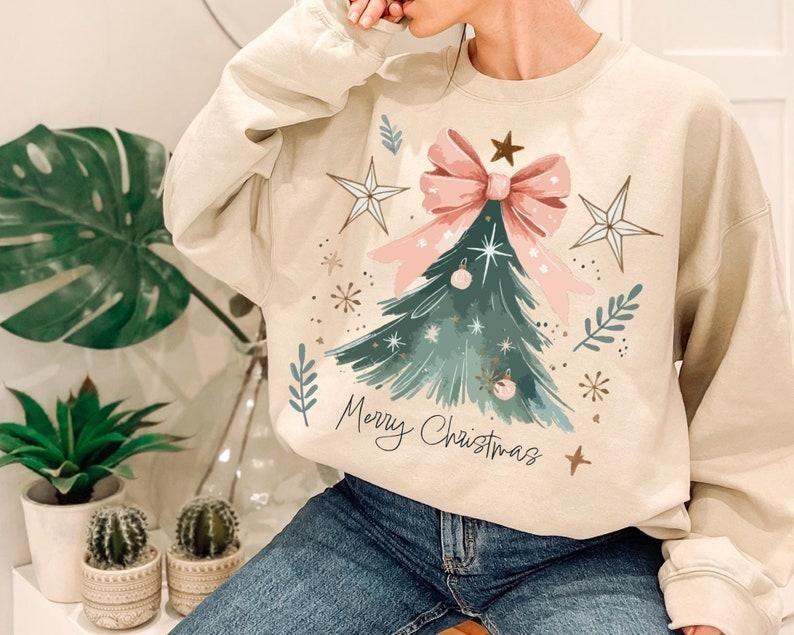 Merry Christmas Sweatshirt, Coquette Bow Christmas Tree Sweatshirt ,Christmas Jesus Tee, Xmas Tree with Bow Sweatshirts,...