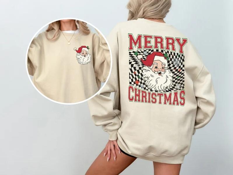 Merry Christmas Sweatshirt, Retro Chrismas Sweater, Santa Claus Sweatshirt, Santa Face Sweater, Fornt and Back Christmas...