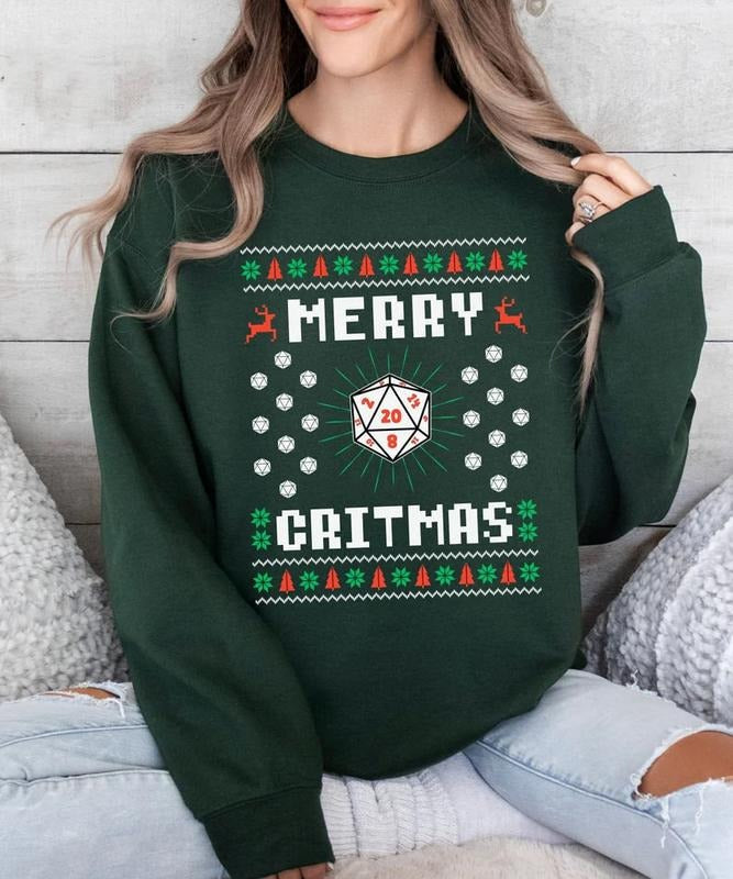 Merry Critmas Christmas DND Dungeon Master gift RPG gamer player D20 Christmas gift Unisex Crewneck Sweatshirt,  Tabletop...