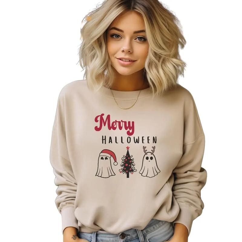 Merry Halloween Sweatshirt, Halloween And Christmas Shirt, Christmas Sweatshirt, Long Sleeve Crewneck Shirt, Christmas...