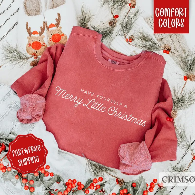 Merry Little Christmas Comfort Colors Sweatshirt, Xmas Sweater Womenswear, Holiday Crewneck T-Shirts, Hoodie | TeeBloomCo.com
