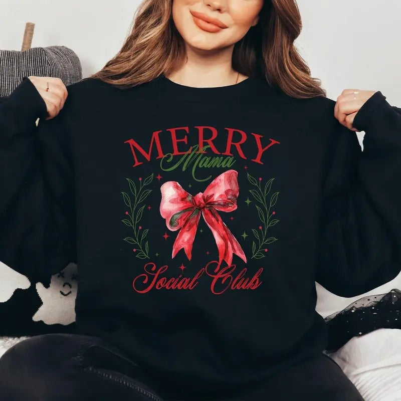 Merry Mama Social Club Shirt, Vintage Coquette Bow Sweatshirt, Christmas Mama Hoodie, Holiday Season, Gift For Christmas,...