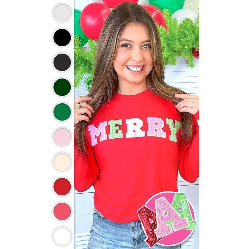 Merry Sequin Christmas Graphic Long Sleeve T-Shirt Hoodie, Sweatshirt | TeeBloomCo.com