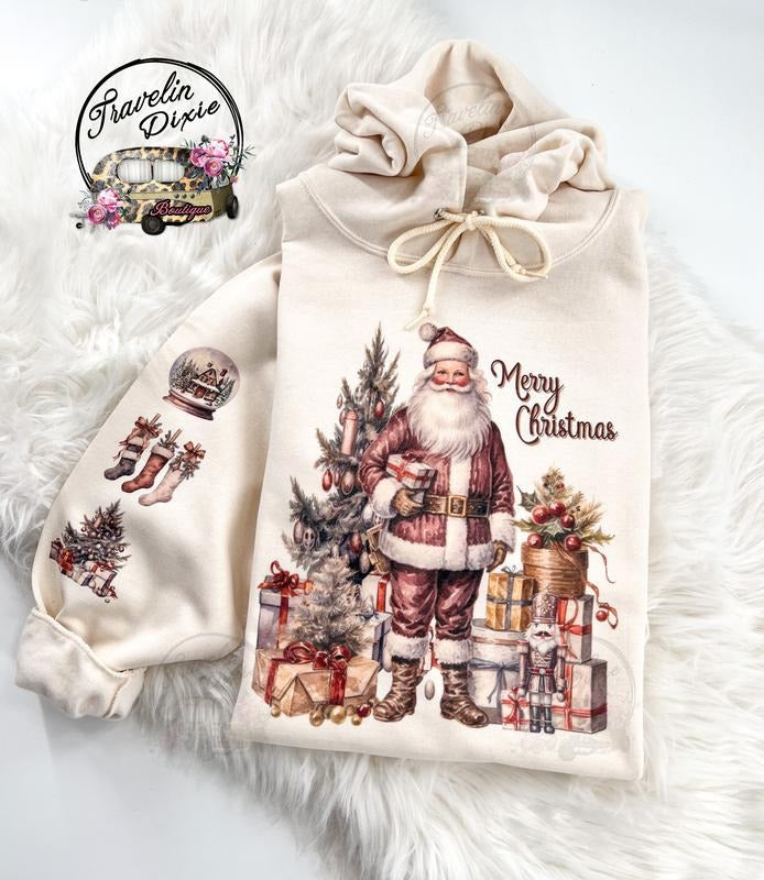 Merry Vintage Santa Christmas Sweatshirt or Hoodie with sleeve print T-Shirts | TeeBloomCo.com