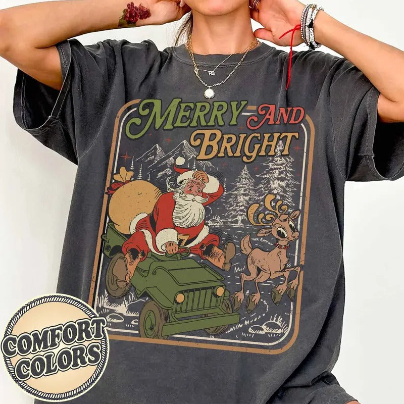 Merry and Bright Comfort Colors Shirt, Family Christmas Shirt, Retro Santa Claus Shirt, Xmas Tree Shirt, Classic...