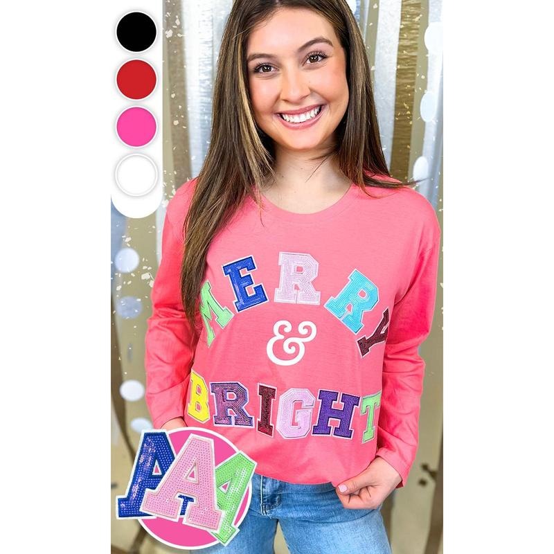 Merry and Bright Sequin Graphic Long Sleeve T-Shirt Hoodie, Sweatshirt | TeeBloomCo.com
