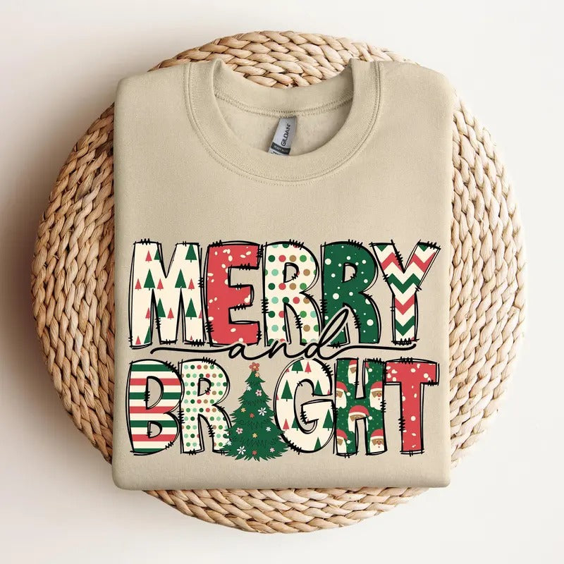Merry and Bright Sweatshirt Hoodie T-shirt, Christmas Sweatshirt, Family Christmas Shirt, Christmas Sweatshirts for...