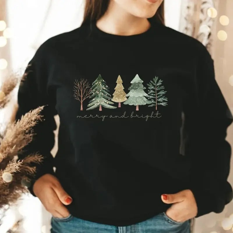 Merry and Bright Trees, Women's Christmas Shirt, Chic Winter Shirt, Cute Holiday Tee, Christmas Tree Shirt, Unisex Shirt,...