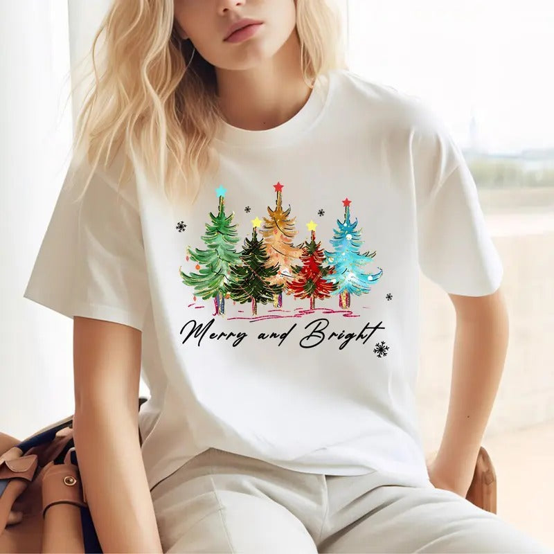 Merry and Bright Trees, Women's Christmas Shirt, Xmas Gift, Chic Winter Shirt, Cute Holiday Tee, Christmas Tree Shirt,...