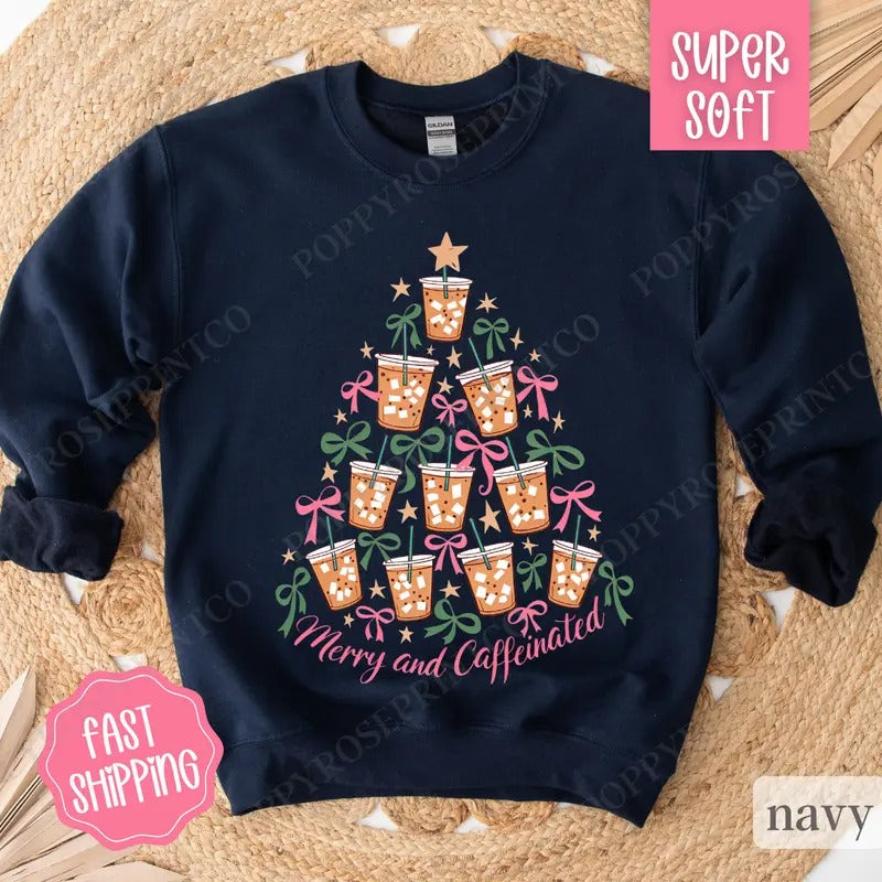 Merry and Caffeinated Sweatshirt, Coffee Lover Christmas Crewneck, Women's Holiday Sweater T-Shirts, Hoodie | TeeBloomCo.com