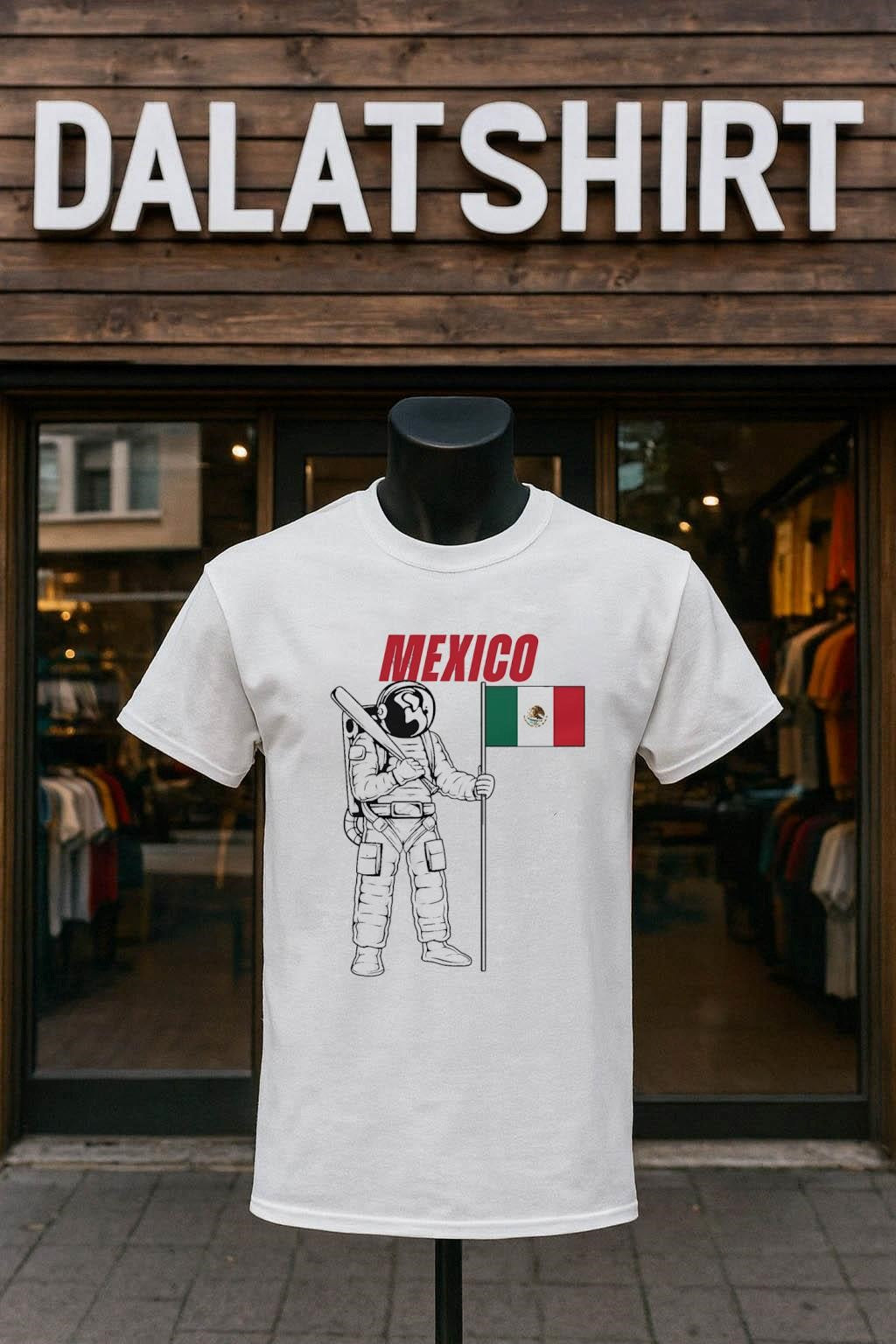 Mexico Astronaut Holding Baseball Bat and Flag of Mexico shirt