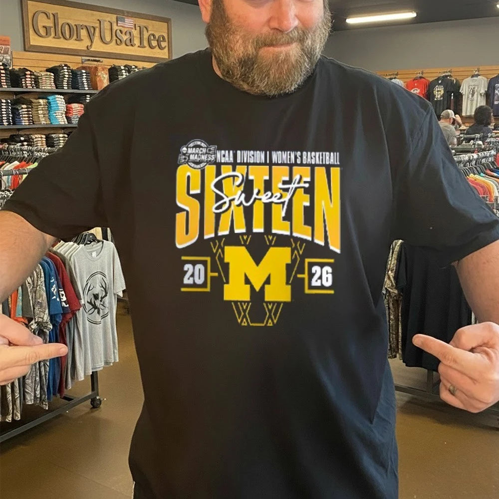 Michigan Wolverines 2026 NCAA Women’s Basketball Tournament March Madness Sweet 16 Court Shot T-Shirt