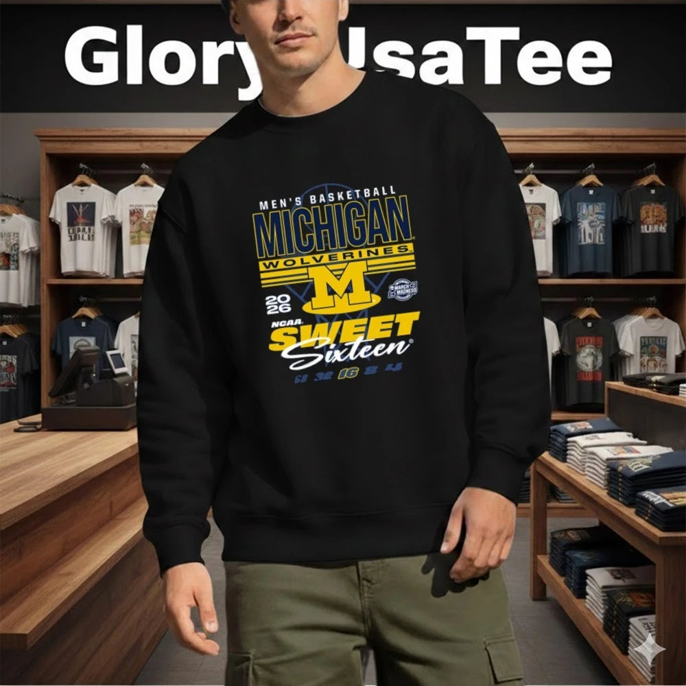 Michigan Wolverines Navy Blue Something Inked 2026 NCAA March Madness Sweet 16 Bound Net Men’s Basketball Shirt