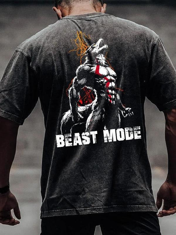 [ Mineral Wash ] Beast Mode Wolf Back Printed Washed Gym Shirt Hoodie, Sweatshirt | TeeBloomCo.com
