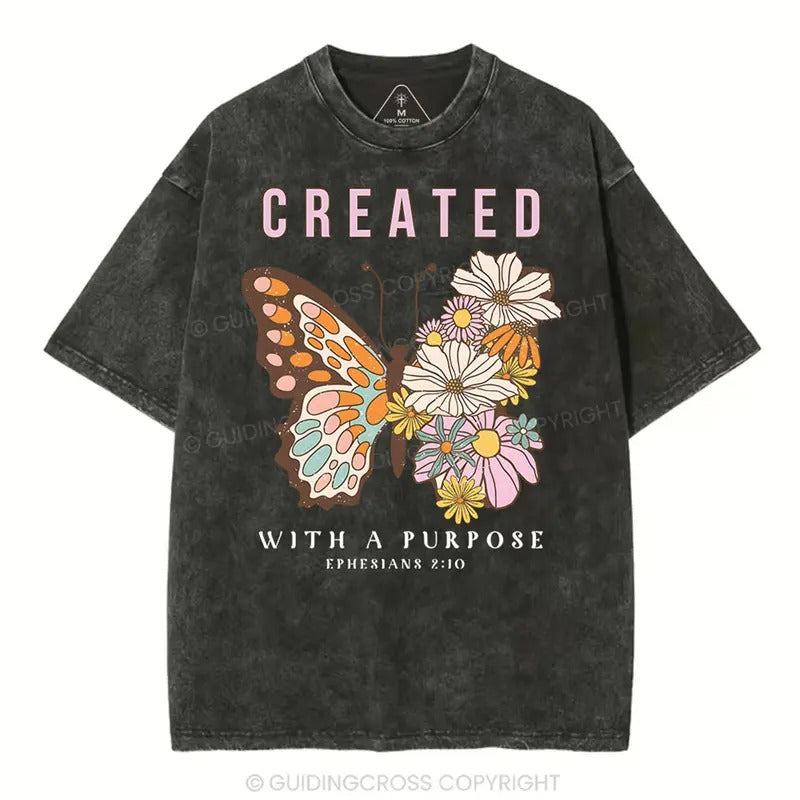 [ Mineral Wash ] Created With Purpose Christian Washed TShirt Jesus Graphic Washed Style Shirt Hoodie, Sweatshirt