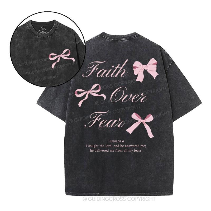 [ Mineral Wash ] Faith Over Fear Bow Coquette Christian Washed TShirt Jesus Graphic Washed Style Shirt Hoodie, Sweatshirt