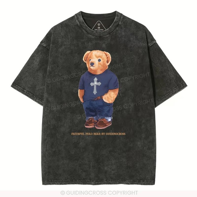 [ Mineral Wash ] Faithful Polo Bear By Guidingcross Christian Washed Shirt Jesus Graphic Washed Style Shirt Hoodie,...