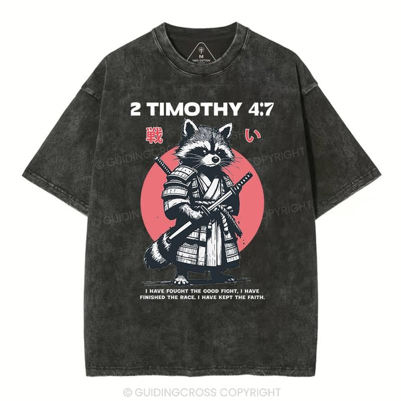 [ Mineral Wash ] Fought The Good Fight Raccoon Christian Washed Shirt Jesus Graphic Washed Style Shirt Hoodie, Sweatshirt
