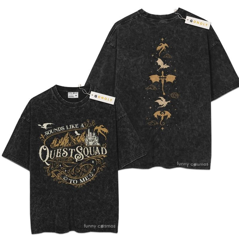 [ Mineral Wash ] Fourth Wing Quest Squad Book, Bookish Graphic Washed Style Shirt Hoodie, Sweatshirt | TeeBloomCo.com