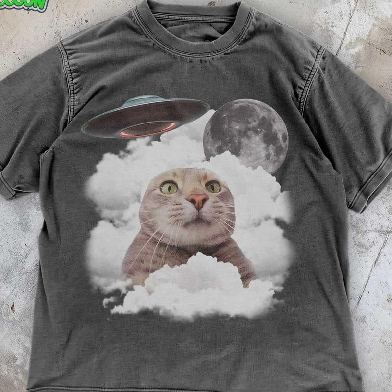 [ Mineral Wash ] Funny Cat Meme TShirt , Ufo Space Cat Tee , Absurd Meme Retro Shirt , Cat Vintage Graphic Shirt , Weird...