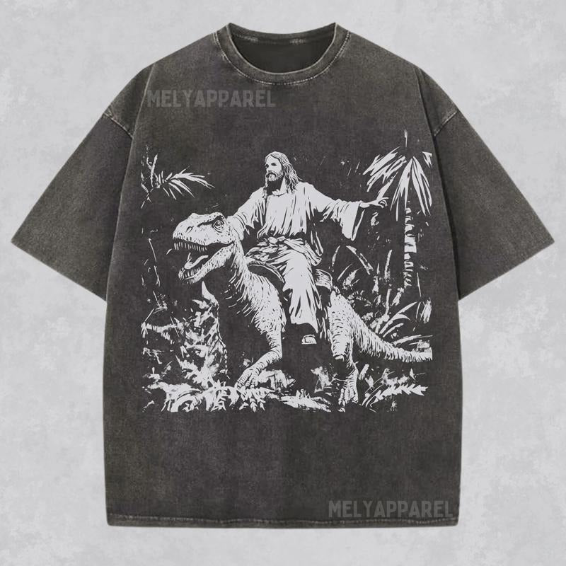 [ Mineral Wash ] Funny Jesus Shirt Christian Streetwear Religious Washed Gift For Him Or Her Faith Apparel Tee Dinosaur...