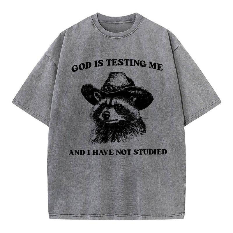 [ Mineral Wash ] God's Testing Me Funny Raccoon Christian Washed Shirt Jesus Graphic Washed Style Shirt Hoodie, Sweatshirt