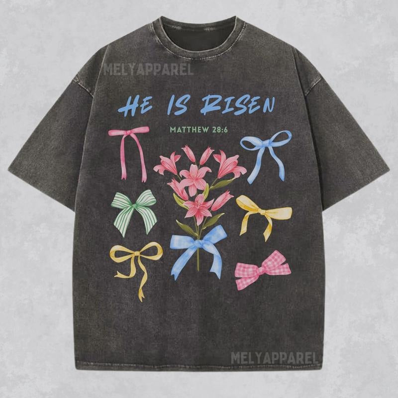 [ Mineral Wash ] He Is Risen Jesus Shirt Coquette Christian Streetwear Faith Tee Religious Washed Gift For Her Bible...