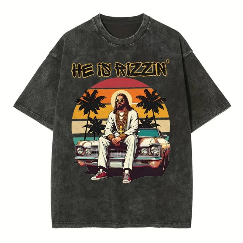 [ Mineral Wash ] He Is Rizzen Chirstian Washed Shirt Jesus Graphic Washed Style Shirt Hoodie, Sweatshirt | TeeBloomCo.com