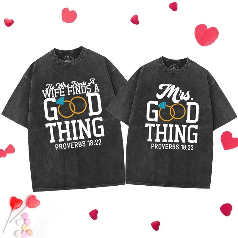 [ Mineral Wash ] He Who Finds A Wife Find A Good Thing Christian Couple Washed TShirt Jesus Graphic Washed Style Shirt...
