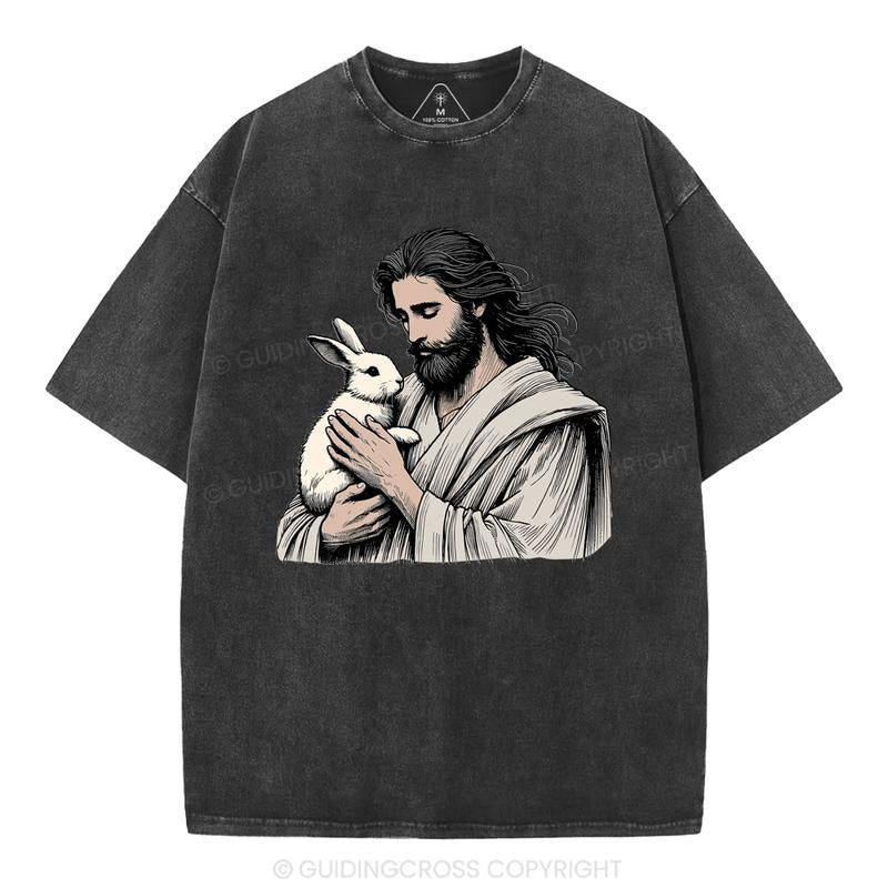 [ Mineral Wash ] Jesus And Rabbit Easter Christian Washed TShirt Jesus Graphic Washed Style Shirt Hoodie, Sweatshirt