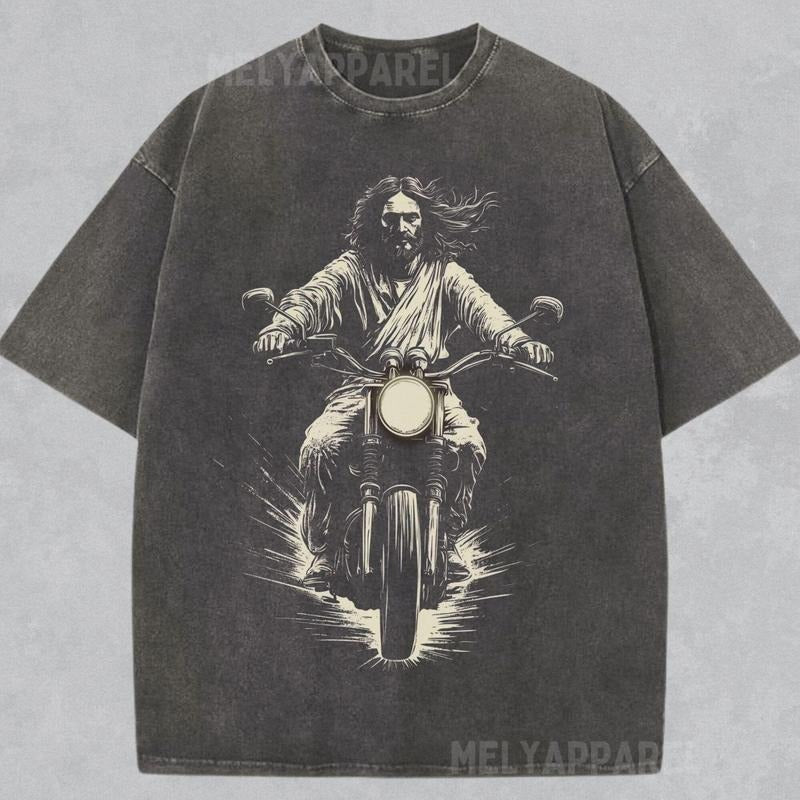 [ Mineral Wash ] Jesus Christ On Motorbike Shirt Retro Style Christian Tshirt Biker Tee Unisex Crewneck Church Apparel...