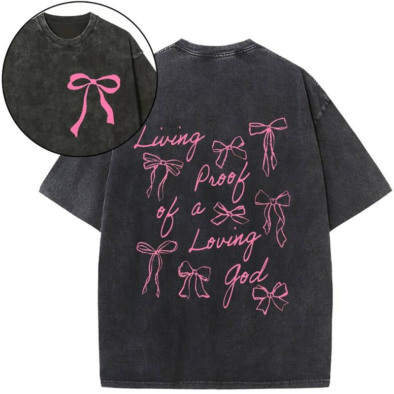 [ Mineral Wash ] Living Proof Of A Loving God Bow Coquette Chrsitian Washed TShirt Jesus Graphic Washed Style Shirt...