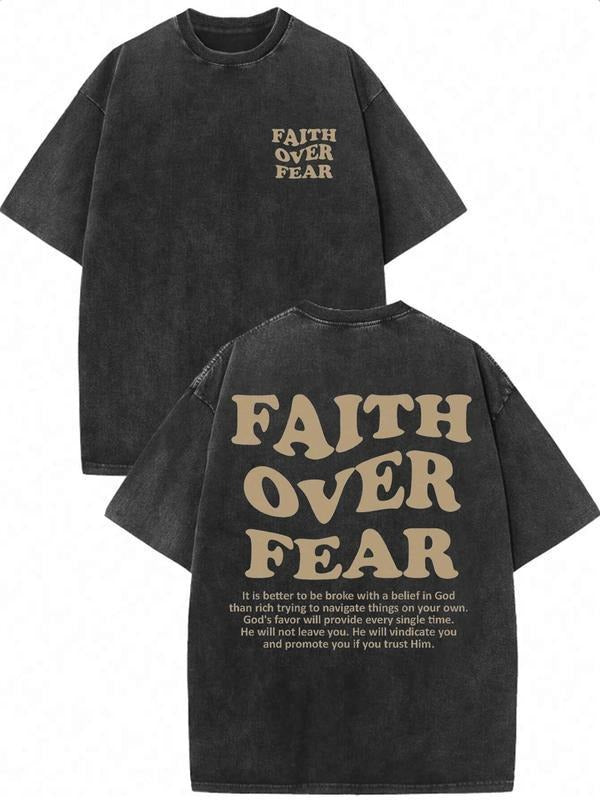 [ Mineral Wash ] Mens "Faith Over Fear" Slogan Print Washed Distressed Short Sleeve Tee, Regular Fit Casual Street Comfy...