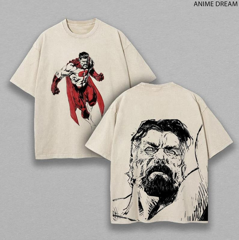 [ Mineral Wash ] Nolan Grayson, OmniMan Invincible Anime Double Printed Vintage Washed Unisex Oversize Heavyweight Cotton...