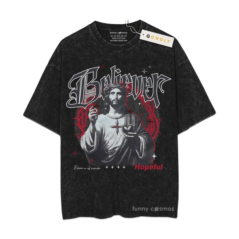 [ Mineral Wash ] Retro Believer Jesus Hopeful Gym Tee, Fan Lovers Streetwear & Washed Gym Style, Bible, Christian Shirt...