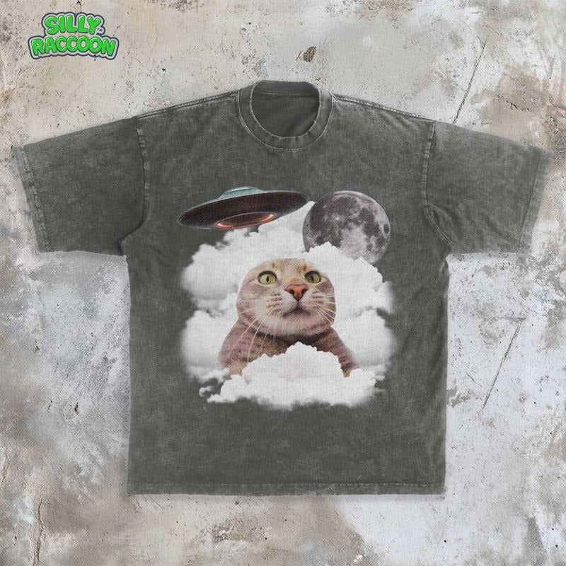 [ Mineral Wash ] Retro Ufo Cat Meme Tee , Cat Vintage Graphic Shirt , Weird Cat Shirt , Cat Lover Washed Gift , Absurd...