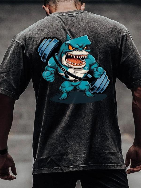 [ Mineral Wash ] Shark And Dumbbell Washed Gym Shirt Washed Shirts Hoodie, Sweatshirt | TeeBloomCo.com