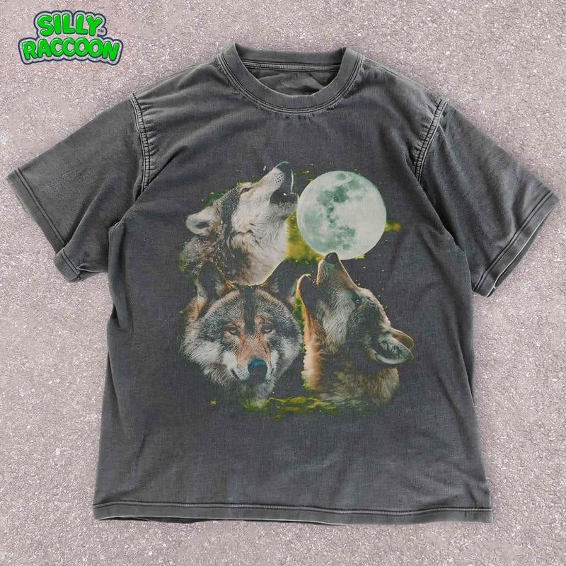 [ Mineral Wash ] Spiritual Wolf Pack TShirt , Full Moon Wildlife Unisex Tee , Celestial Three Wolves Howling Moon Shirt ,...
