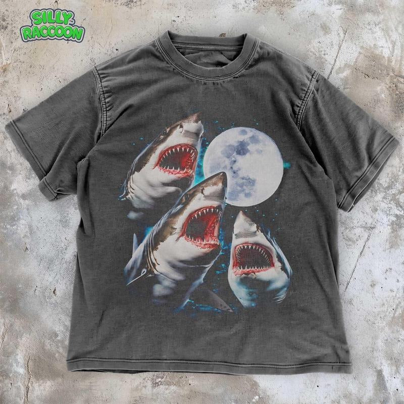 [ Mineral Wash ] Three Sharks Moon TShirt , 90S Vintage Ocean Graphic Tee , Moonlit Night Sea Life Shirt , Retro Y2K...