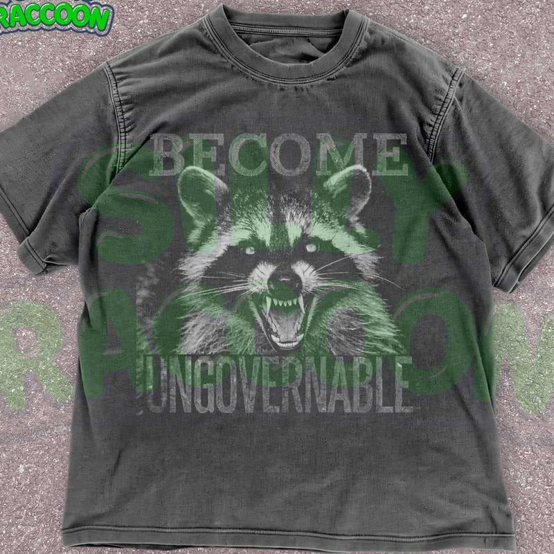 [ Mineral Wash ] Vintage Angry Raccoon Become Ungovernable Grunge Graphic Washed Trash Panda Meme Graphic Shirt Funny...