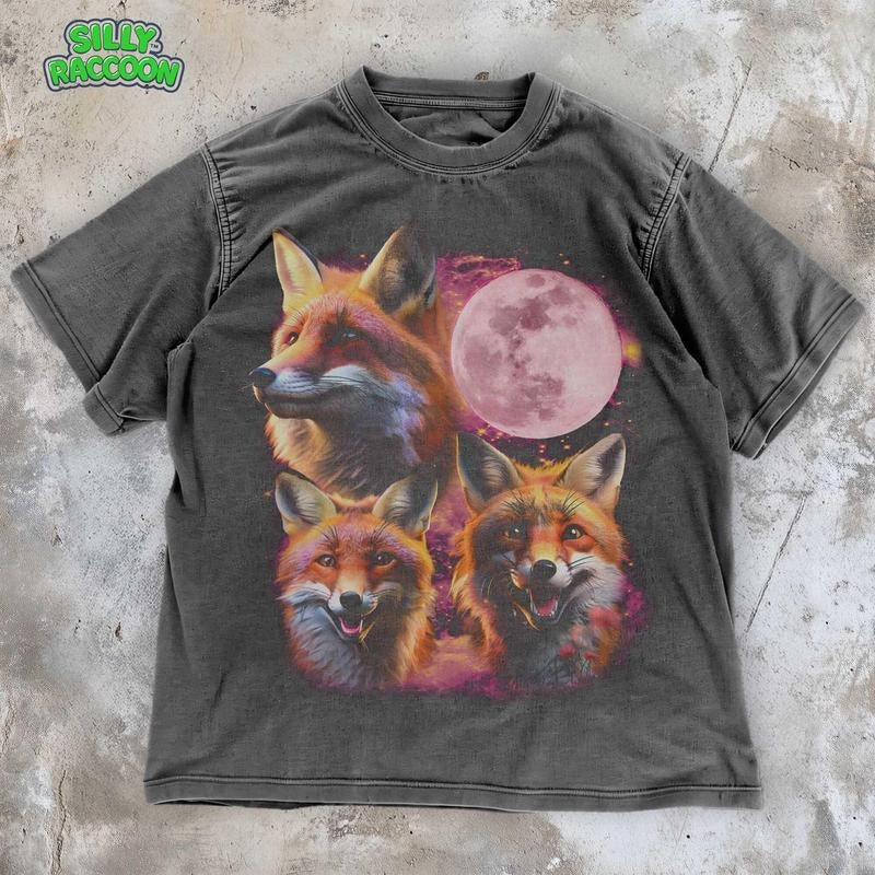 [ Mineral Wash ] Vintage Fox Graphic Tee , Moon Nature Lover TShirt , Retro 90S Wildlife Celestial Washed Shirt For...