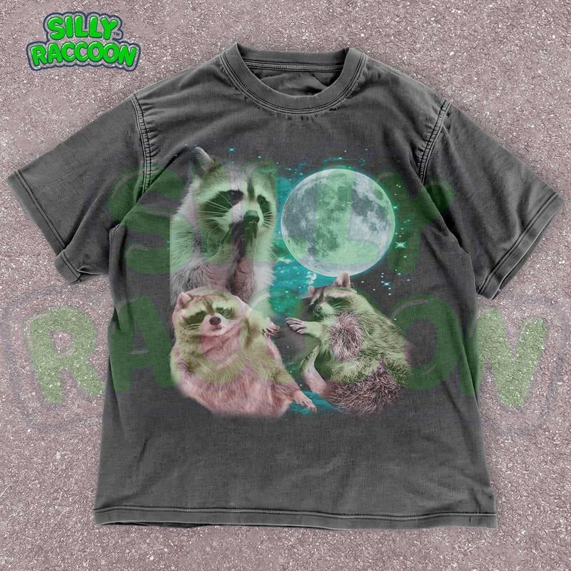[ Mineral Wash ] Vintage Raccoon Graphic Shirt For Men Women, Space Galaxy Moon Tee, Celestial Moon Top, Trash Panda...