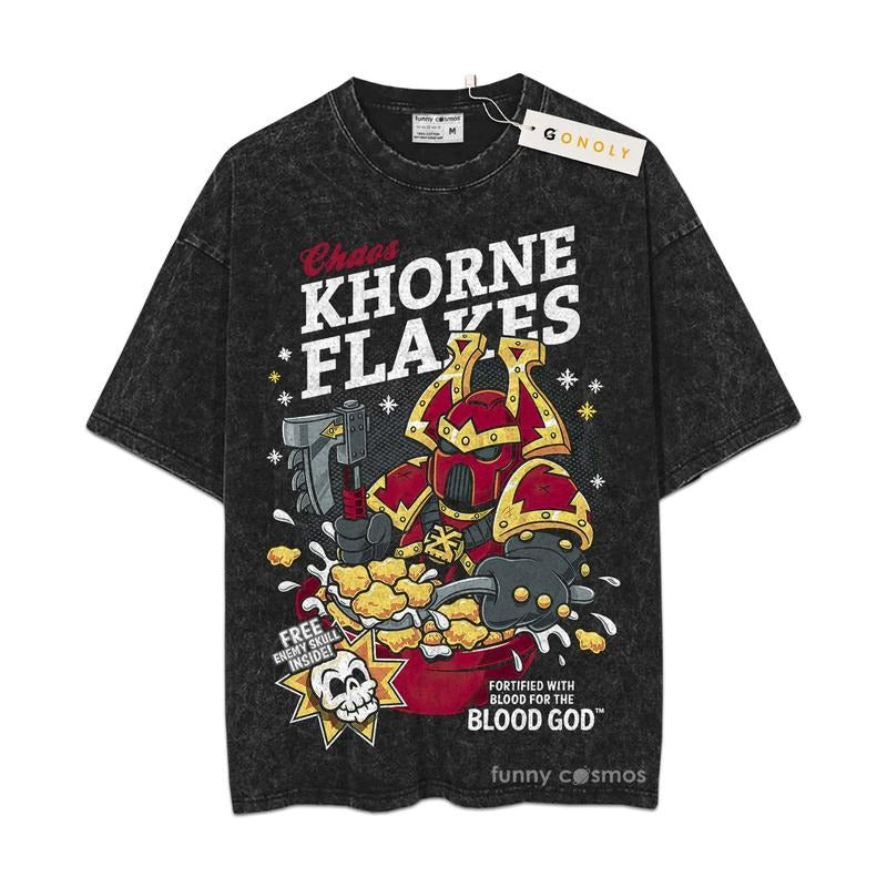[ Mineral Wash ] Warhammer 40K Chaos Khorne Flakes Fortified With Blood For The Blood God Shirt Unisex, Washed Oversize...