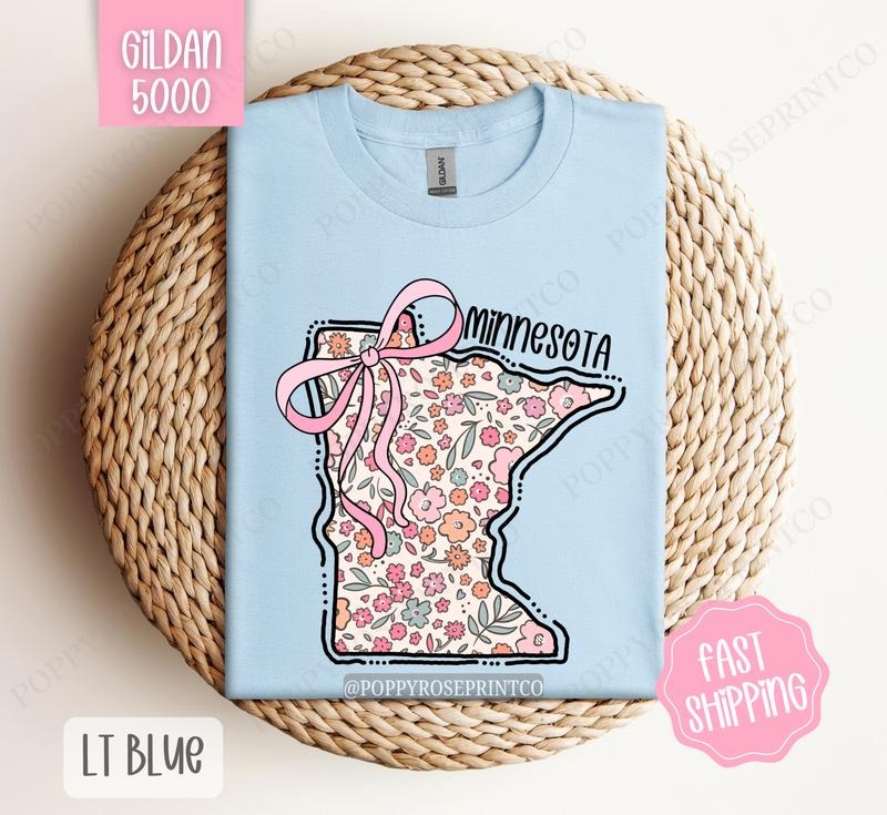 Minnesota Gildan T-shirt, Cute Minnesota State Shirt, Minnesota Floral Bow Tee Hoodie, Sweatshirt | TeeBloomCo.com
