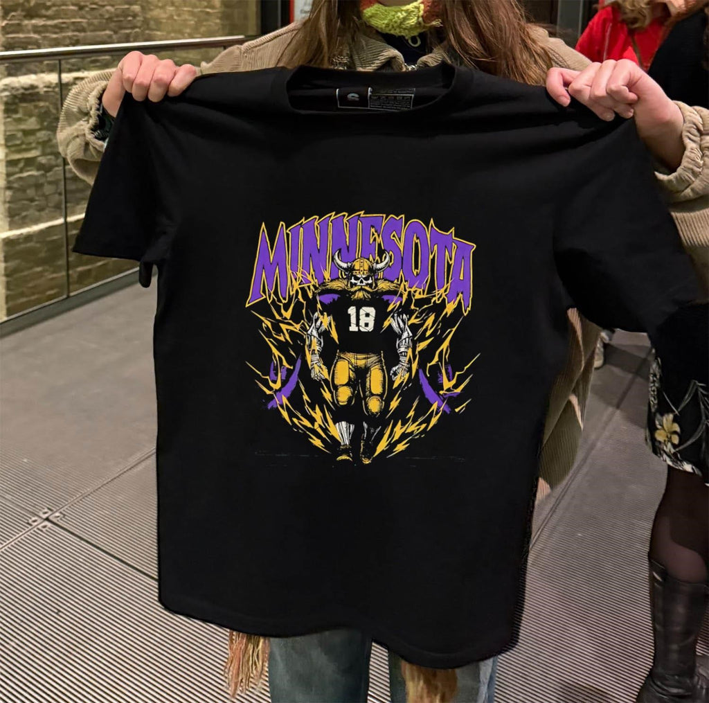 Minnesota Vikings Skull Warrior Number 18 Lightning Graphic shirt