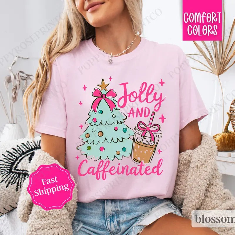 Mint Jolly and Caffeinated Shirt, Preppy Christmas Tee,  Womens Holiday Tshirt Hoodie, Sweatshirt | TeeBloomCo.com