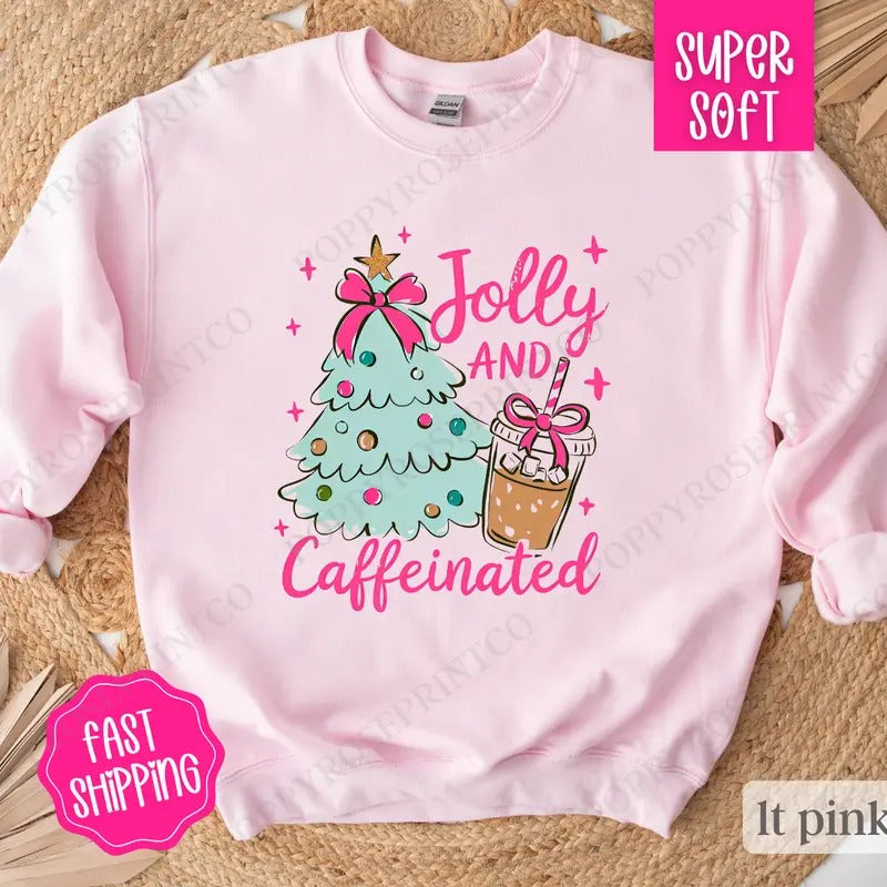 Mint Jolly and Caffeinated Sweatshirt, Preppy Christmas Crewneck,  Womens Holiday Sweater T-Shirts, Hoodie | TeeBloomCo.com